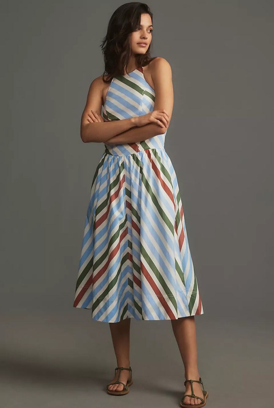NWT Anthropologie Maeve Halter Midi Sundress $168 XXS Neutral Striped Motif